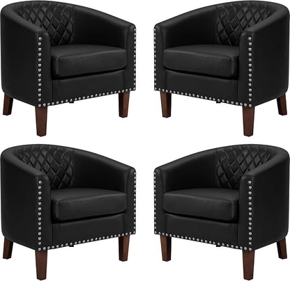 PrimeZone Barrel Chair, Comfy Accent Chair, Faux Leather Living Room Chairs Club Chairs with Cushion, Nailhead Trim and Diamond Mesh Backrest, Reading Chairs for Bedroom Waiting Room, 4PCS, Black