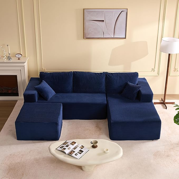 107" Boneless Couch with Deep Seat, Modular Sectional Sofa, Cloud Sectional Couch for Living Room, No Assembly Required, Corduroy, U-Shape 3 Seater Right, Blue