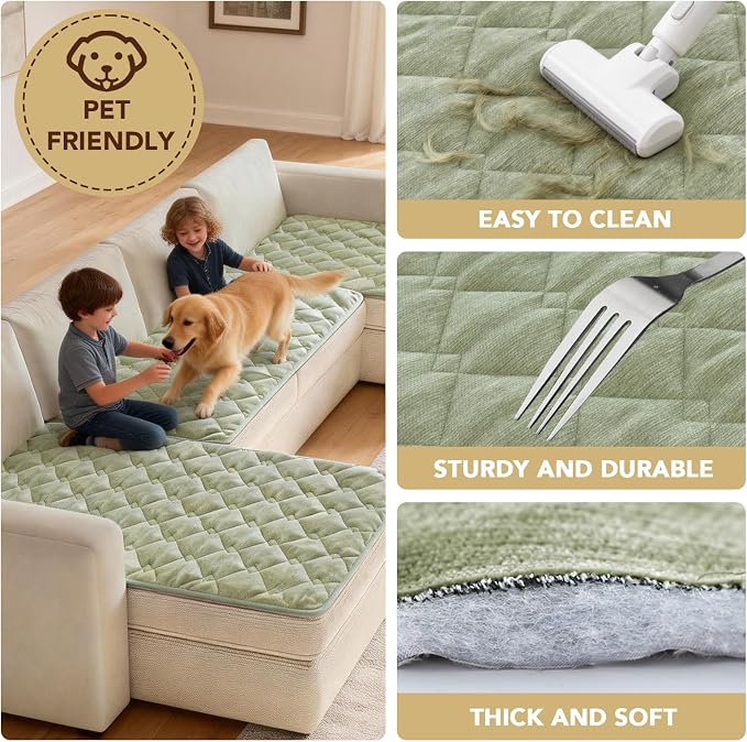 H.VERSAILTEX Chenille Couch Cover for Dogs Washable Soft Fuzzy Chair Covers for Living Room Sectional Sofa Cover Thick Pet Couch Cover Protector Non-Slip Dog Bed Cover(Tender Green, 28" x 34")