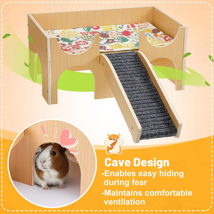 Upgraded Guinea Pig Castle, Sturdy Wooden Guinea Pig Hideout, Small Animal House Bed Hut Habitats with Stairs, Easy to Assemble for Hamsters Bunny Chinchillas Playing Hiding