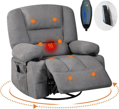 Rocker Recliner Chairs for Adults w/Vibration Massage and Heating,360° Swivel Rocker Glider Recliner,Extra Wide Manual Lazy Chair,Chenille Fabric Sofa Chair for Living Room,Bedroom Grey
