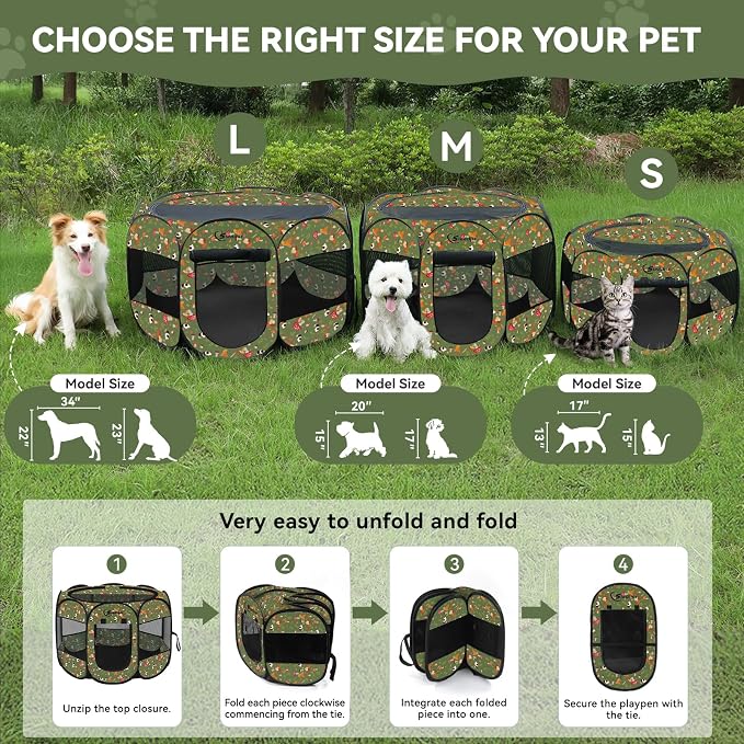 Siedihit Dog Cat Playpen, Puppy Pet Playpen Indoor for Small Dog | Crate Tent Cage Outdoor, Portable Pop Up Dogs Enclosure Kennel with Carrying Case for Dogs/Cats/Rabbits (Cottagecore, Small)