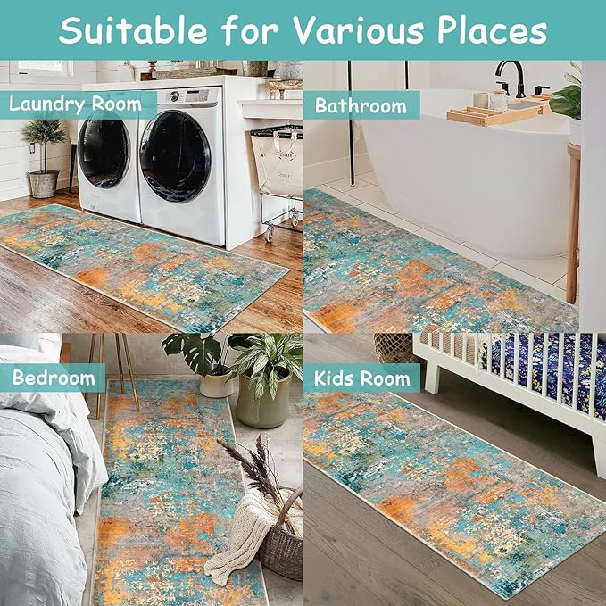 Lahome Modern Abstract Runner Rug - 2x7 Washable Hallway Rug Colorful Kitchen Carpet with Rubber Backing, Contemporary Soft Non Slip Indoor Floor Accent Mat for Bedroom Laundry Room Bathroom RV