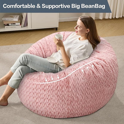 3ft Bean Bag Chairs for Adults Large Beanbag Chair with Chevron Plush Fur Cover Big Bean Bag Chair for Living Room Bedroom Dorm (Pink)