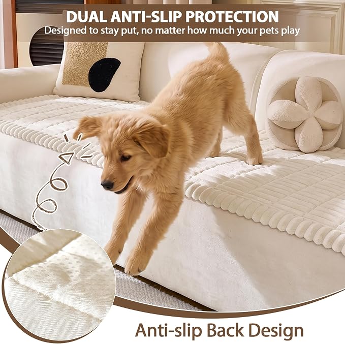 FUANGUI 2 Pack Waterproof Couch Cover for Dogs Pets Sofa Protector | Non-Slip Washable Fuzzy Soft Sofa Slipcover for 2 PCS L Shaped Sofa Pet Friendly, 27.6" x 70.9"+27.6" x 82.7", Beige