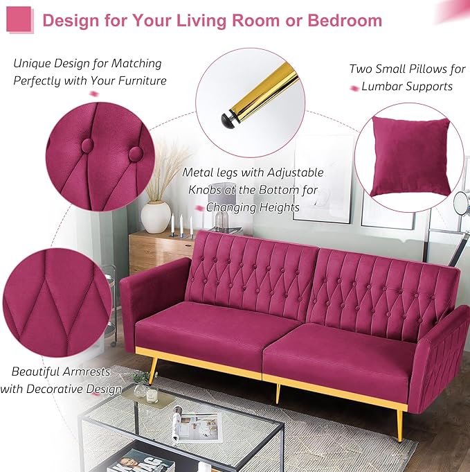 70” Velvet Futon Sofa Bed with 2 Pillows and Adjustable Armrests, Convertible Sleeper Bed W/Adjustable Backrests, Modern Loveseat for Living Room, Bedroom, Fuchsia