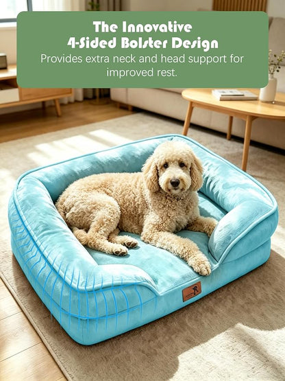 Spotted Play Orthopedic Dog Bed with Sides - Sofa Beds for Large Dogs, Supportive Foam Pet Couch Bed with Washable Removable Cover, Waterproof Lining and Non-Slip Bottom, Ice Blue - L-Plus