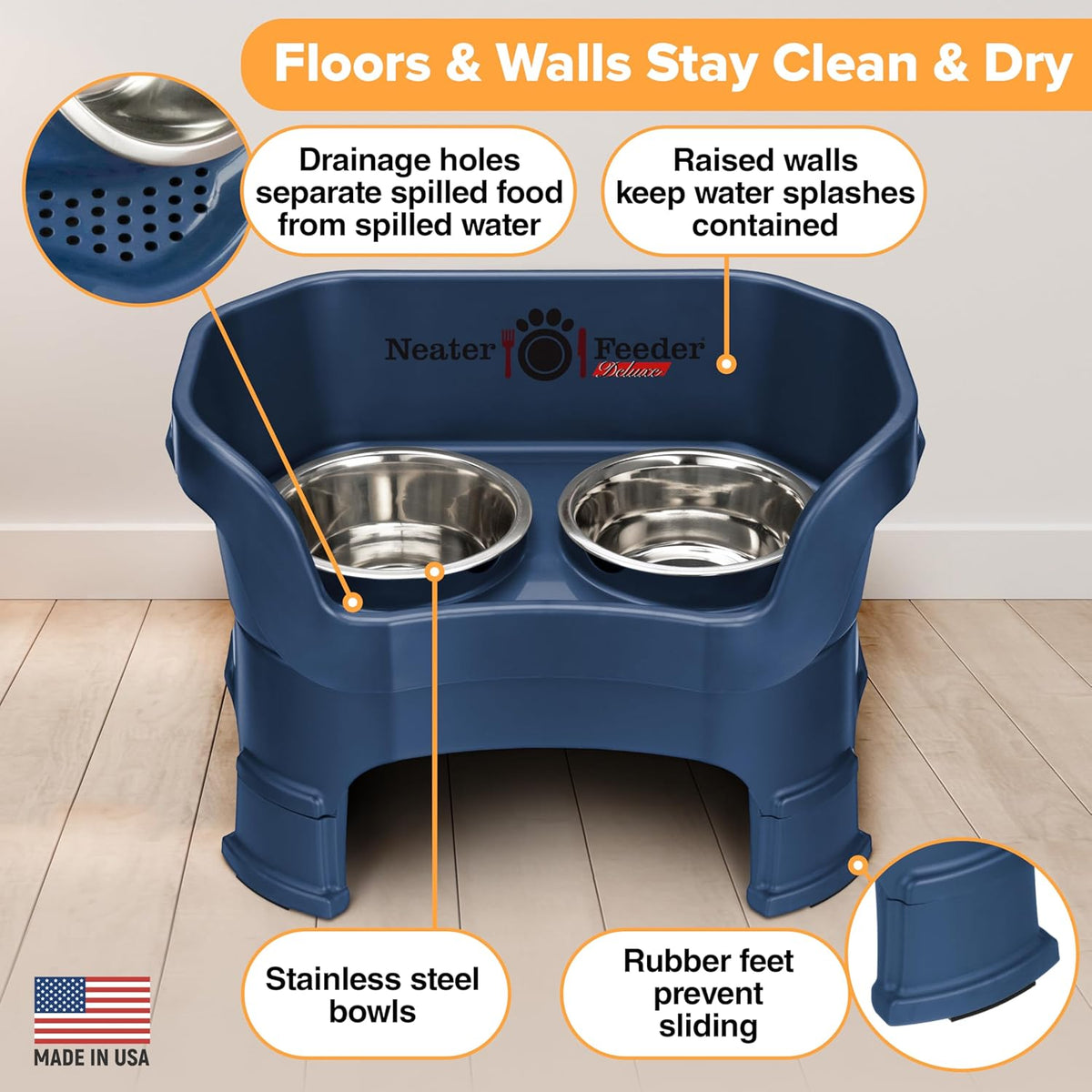 Neater Feeder Deluxe Mess Proof Dog Bowls Elevated Medium Sized Dogs (19-40 lbs) Made in USA, No Spill Raised Dog Food Bowl Stand w/Leg Extension, Stainless Steel Food and Water Bowl Set, Dark Blue