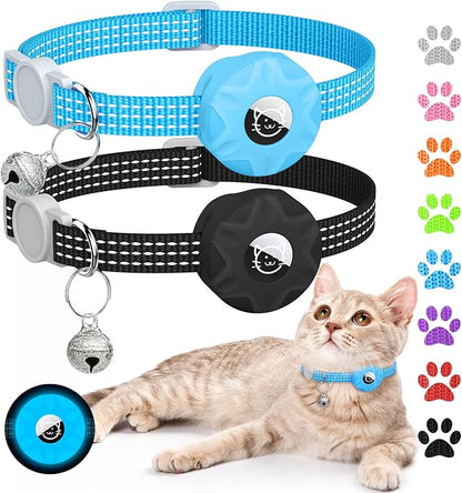 Apple AirTag Cat Collar, GPS Tracker with Reflective Breakaway Design, Lightweight Kitten Collar with Bell (Black/Luminous Blue)