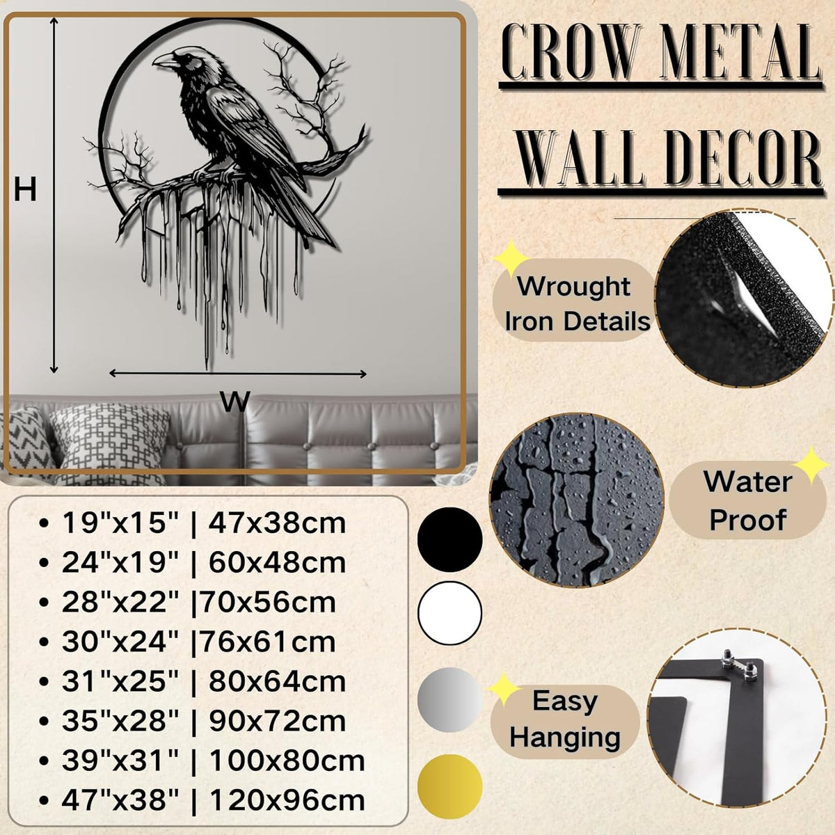 Crow Metal Wall Decor, Raven Wall Art, Large Gothic Raven Decor Hangings, Bird Wall Decor, Metal Tree Branch Decor, Ravens Sign, Raven Art for Living Room (Silver, 35"x28" | 90x72cm, metal wall art)
