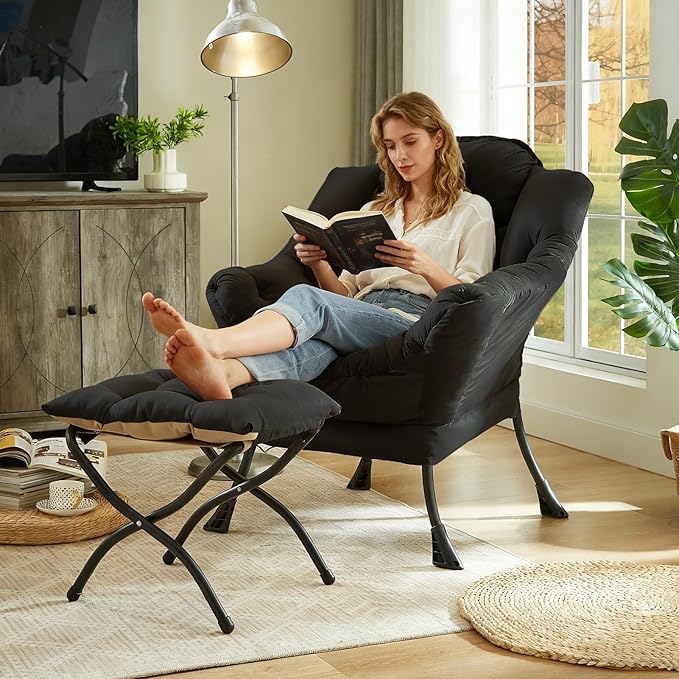 HollyHOME Lazy Chair with Foldable Ottoman, Accent Comfy Lounge Armchair and Folding Footrest Stool, Leisure Sofa Reading Chair and Footstool for Living Room, Bedroom, Dorm,Peachskin Fabric Black