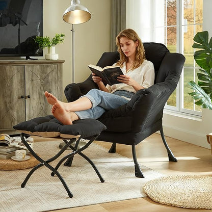 HollyHOME Lazy Chair with Foldable Ottoman, Accent Comfy Lounge Armchair and Folding Footrest Stool, Leisure Sofa Reading Chair and Footstool for Living Room, Bedroom, Dorm,Peachskin Fabric Black