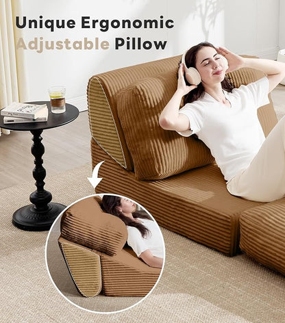Tbfit Folding Sofa Bed, Convertible Sleeper Chair with Large Pillow, Corduroy Folding Couch Bed, Portable & Foldable Mattress Boneless Floor Sofa for Living Room, Bedroom, Office, Brown, Single