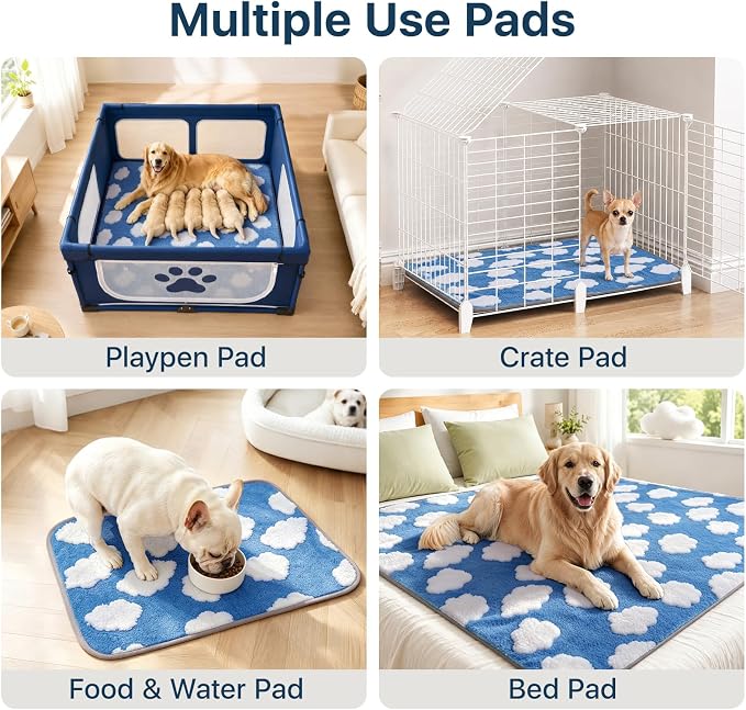 LOOBANI 4 Pack Washable Pee Pads for Dogs, Floor, 30"x34",Blue | Fast Absorbent Reusable Dog Mat, Non-Slip & Waterproof Pet Whelping Pads For Puppy Playpen, Whelping Box, Potty Training