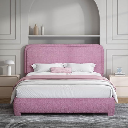 BarnFurin Full Size Bed Frame with Headboard, Boucle Upholstered Platform Bed Frame, Modern Style, Soft Rounded Corners, No Box Spring Required, Easy Assembly, Rose Pink