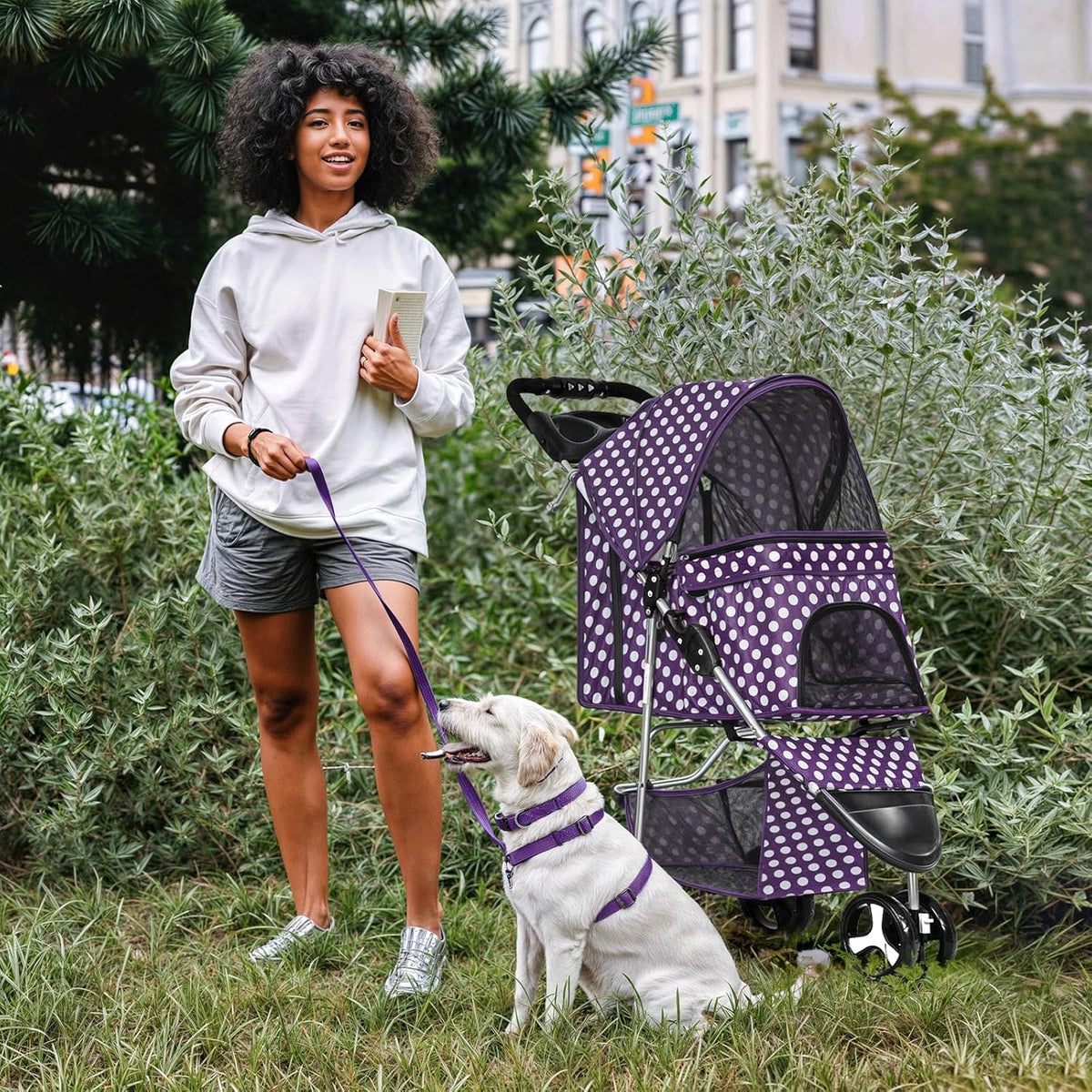 MoNiBloom 3 Wheels Pet Dog Cat Stroller for Small Medium Dogs Cats, Foldable Jogger Stroller w/Storage Basket and Cup Holder, Purple Polka Dots