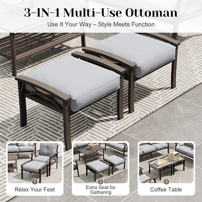 FansaFurn 8-Pieces Outdoor Patio Furniture Set with 43" Fire Pit Table, Metal Outdoor Sectional Furniture with Cushions, Outdoor Conversation Set for Garden, Balcony, Deck, Backyard, Grey