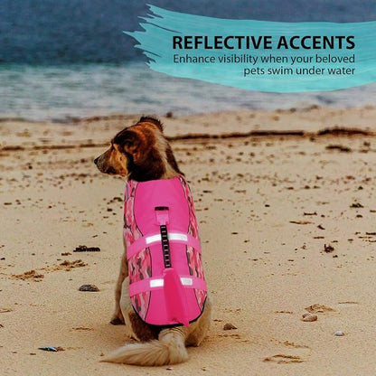 Dog Life Jacket Ripstop Dog Shark Safety Vest Adjustable Preserver with High Buoyancy and Durable Rescue Handle for Small,Medium,Large Dogs, Pink Camouflage Large
