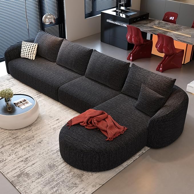 138.6" Modular Sectional Couches Luxury Modern Curved Back Sofa,Minimalist Comfy L-Shape Boneless Cloud Couch for Living Room Apartment,(Right Facing Chaise,Black)