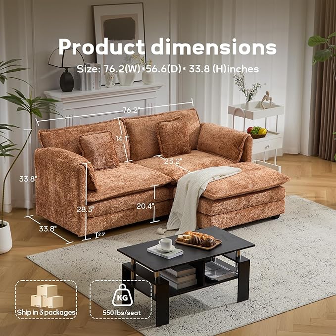 76.2" Modular Sectional Sofa with Movable Ottoman, Deep Seat couches for Living Room, 2 Seater Loveseat Sofa, L Shaped Comfy Cloud Couch with Removable Cover, Armrest Pillow (Orange)