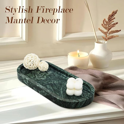 100% Natural Marble Vanity Tray for Bathroom, Luxury Indian Green Decorative Marble Oval Trays for Bathroom Countertop Storage Organizer, Vanity Dresser Kitchen Home Decor, 10.2" x 4.3", Green
