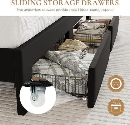 SHA CERLIN Velvet Full Size Bed Frame with Vertical Channel Tufted Wingback Headboard & 2 Storage Drawers/2-Tier Shelves with LED Lights & Charging Station/Noise-Free/No Box Spring Needed/Black