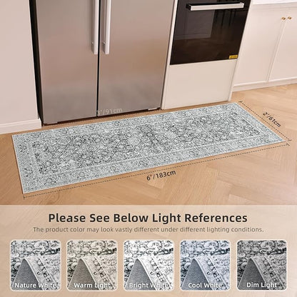 Deerly Rug Runner 2x6 Ft Washable Carpet Runner Runner Non-Slip Grey Runner Rugs with Rubber Backing Low-Pile Ultra-Soft Distressed Rug for Kitchen Bedroom(Grey)