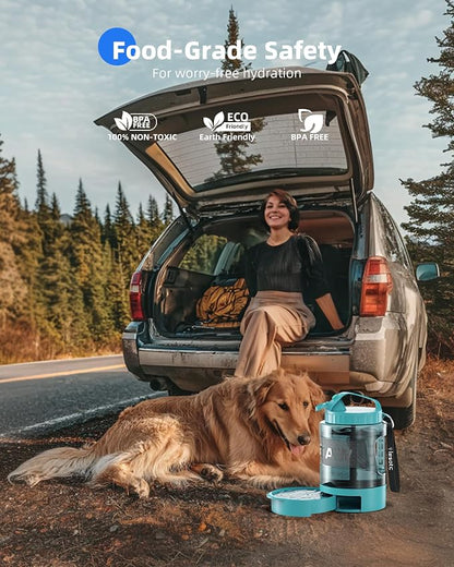 lesotc Portable Dog Water Bowl Dispenser - 77oz Travel Water Bottle with Pop-Out Drinking Bowl, No-Spill Design for Camping, Hiking & Car Rides - Keep Your Dog Hydrated Anywhere, LightBlue
