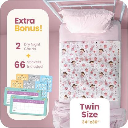 IMPROVIA® Pee Pads for Kids - Bed wetting Pads for Kids Potty Training Bed mats for Toddlers Waterproof Reuseable Washable Absorbent, Non Slip - Doll Design - Twin Size 34”x36