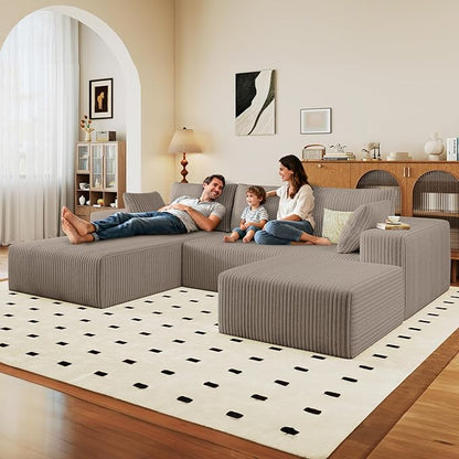 96" U-Shape Cloud Couch, Modern Modular Sectional L-Shape Sofa with Ottoman, Corduroy Upholstered Couches Deep Seat Chaise Longue for Living Room, No Assembly Required(Camel, Left Facing)