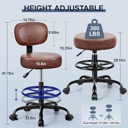 Brick Attic Drafting Chair with Backrest – Adjustable Foot Rest Rolling Stool with Wheels, PU Leather Swivel Stool for Office Spa Studio Lab Counter Salon Home Work Bar Kitchen Shop(Ember Brown)