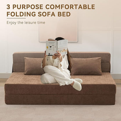 WUTUTUEE Folding Sofa Bed Floor Couch with Pillow, Foldable Chair Bed Convertible Linen Sleeper Chair Futon,Foldable Memory Foam Mattress for Bedroom/Living Room/Dorm/Office (Brown, Queen)