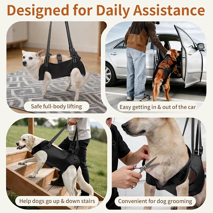Full Body Dog Lift Harness, Support Senior & Disabled Dogs Walking | Help Up & Down Stairs Grooming, Dog Sling Backpack, Front Hind Leg Joint Injuries, Reflective, Soft Padded Handle | Black, S