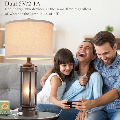 Set of 2 Farmhouse Lamps for Living Room, Rustic Vintage Bedroom Nightstand Table Lamp with 2 USB Charging Ports, Built-In Frosted Glass Night Light for End Table Entryway, 4 Bulbs Included (Bronze)