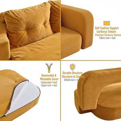 78.7" Convertible Sofa Bed Couch, Corduroy Upholstered Boneless Futon Loveseat Sleeper, Foldable Floor Sofa Chair with Pillows, Chaise Lounge for Living Room Bedroom Apartment, No Assembly Needed