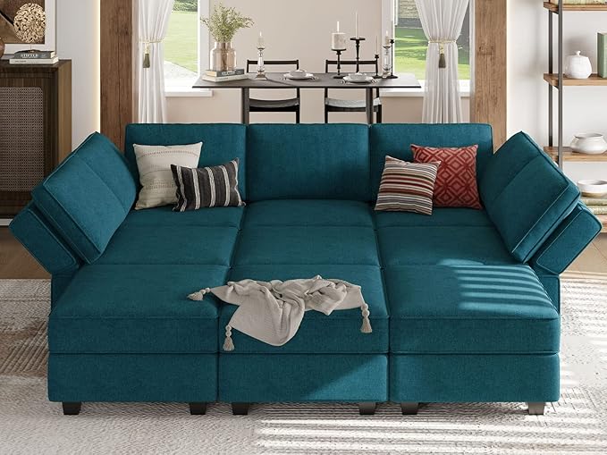 Belffin Modular Sectional Sleeper Sofa Couch with Storage Ottoman Convertible Sectional Couches for Living Room Terry Reversible Chaise. Peacock Blue Sofa