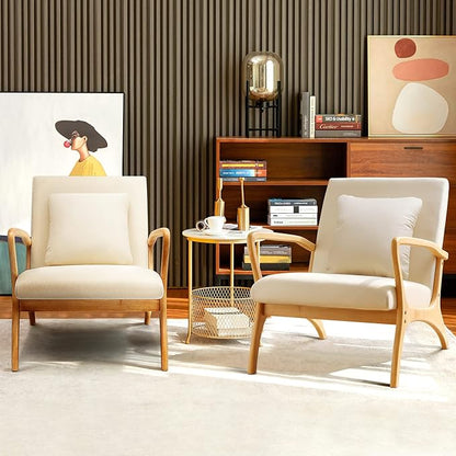 ELUCHANG Accent Chair with Lumbar Pillow,Mid-Century Modern Accent Chair Armchair, Linen Fabric Comfy Reading Chair Lounge Side Chair for Living Room Bedroom Apartment,Easy Assembly(Beige,2PCS)