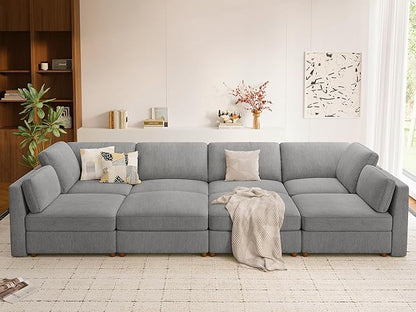 CUGOAO 153.4'' Modular Sectional Sofa Bed, Oversized Sectional Couch, Deep Seat Chenille Cloud Couch, Removable Cover, Mordern Upholstered Couches for Living Room, Apartment, Office, Grey
