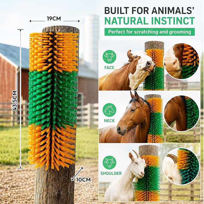 Livestock Scratching Brush 2 Pack for Itchy Coats, Goat and Horse Scratcher for Cows, Horses, Goats, Pigs and Donkeys, Mounts on Posts, Fences, Stalls and Tree Stumps