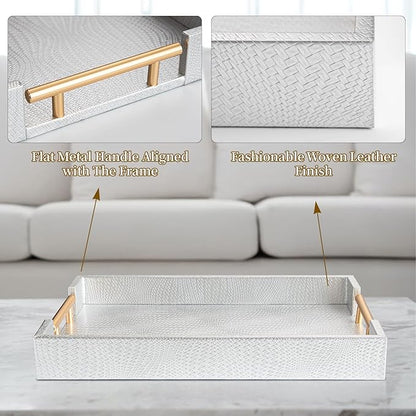 2 Piece Woven Leather Ottoman Tray with Gold Handles, Perfect Rectangular Serving Tray for Living Room, Coffee Table Tray as Thoughtful Gift for Home Decor Enthusiasts (Sliver)