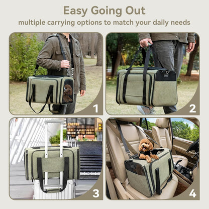 Petsfit Expandable Cat Dog Carrier Airline Approved, 17" L x 11" W x 11" H Soft-Sided Portable Pet Travel Carrier for Kitten, Puppy, Removable Soft Plush Mat and Pockets, Auto-Locking Zippers
