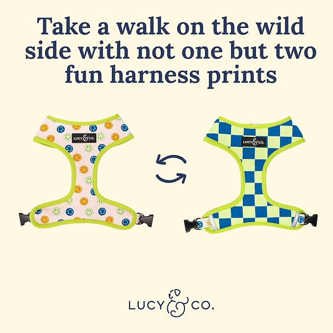 Lucy & Co. Reversible Dog Harness - Water-Repellent Neoprene, Dual-Print Design, Easy Swap Style, Adjustable Comfort Fit - Have a Nice Day Reversible Harness - X-Large