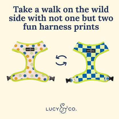 Lucy & Co. Reversible Dog Harness - Water-Repellent Neoprene, Dual-Print Design, Easy Swap Style, Adjustable Comfort Fit - Have a Nice Day Reversible Harness - X-Large