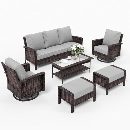 SUNSHINE VALLEY 6 Piece Patio Furniture Set with Swivel Chairs, High Back Wicker Rattan Sofa with Extra Thick Cushion, Coffee Table and Ottoman, Outdoor Conversation Set for Backyard Deck, Grey