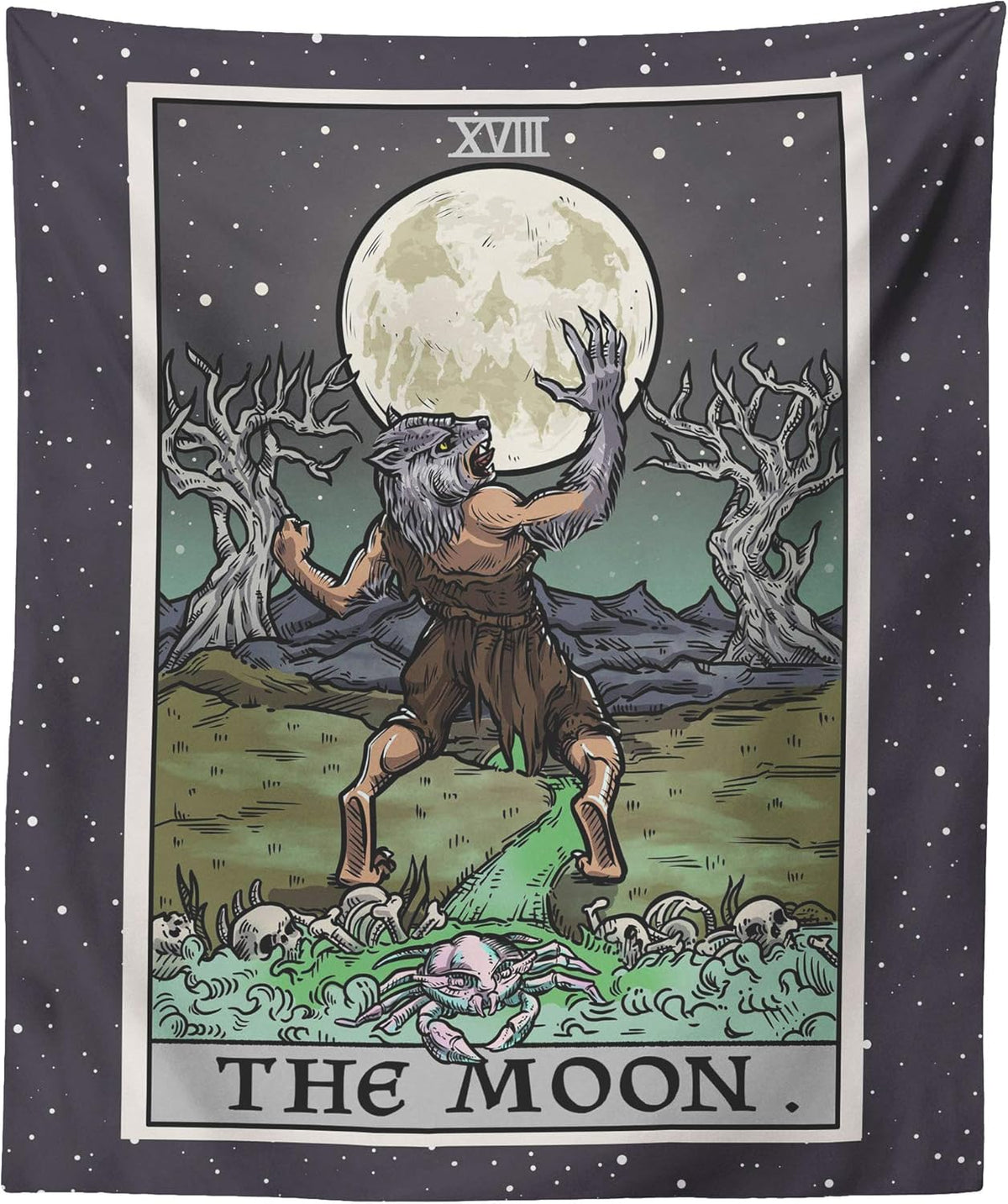 The Moon Tarot Card Tapestry - Werewolf - Gothic Halloween Home Decor Wall Hanging (60" x 50")