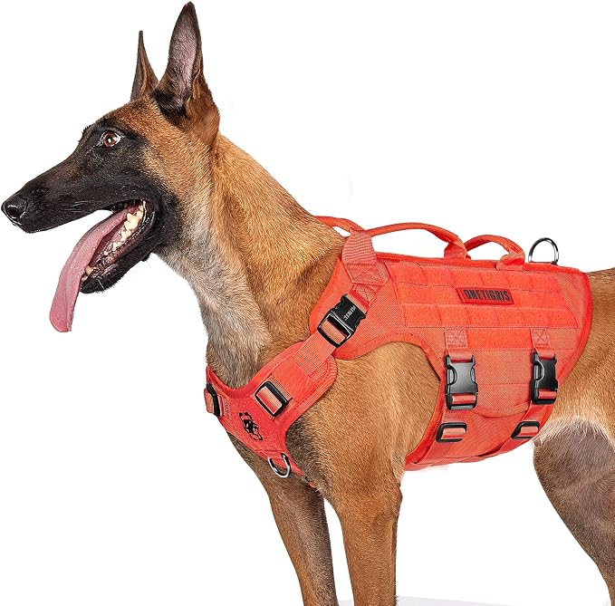 OneTigris Large Tactical Dog Harness, No Pulling Adjustable Dog Vest Harness, Heavy Duty Dog Harness with Handle, Large Hook and Loop Panels for Patch(Orange,M)