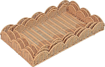 happimess TRY2001A-3SET Parker Southwestern Cottage Resin Scalloped Rectangular Decorative Serving Trays, Brown (Set of 3) for Storage and Decoration in Bathroom, Bedroom, Living Room