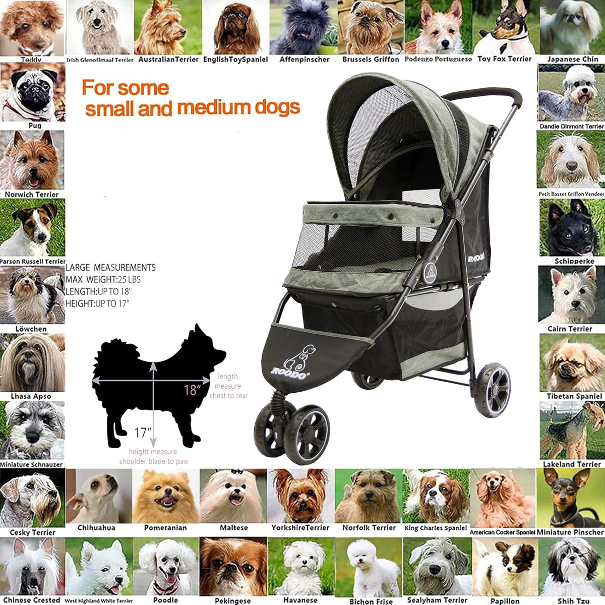 ROODO 3 Wheel Dog Pet Cat Stroller Best Lightweight Foldable Compact Portable Jogger All Terrain Travel Pet Gear Puppy Kitty Stroller for up to 30lbs Medium Small Dogs and Cats(Cationic ash)