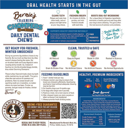 Bernie's Charming Chompers - Daily Dental Chews for Dogs 5-15 Lbs. - 65 Count - Cleans Teeth, Freshens Breath, + Boosts Oral-Gut Microbiome. Easy to Digest, Supports Healthy Digestion Naturally