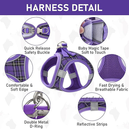 GAMUDA Small Dog Harness Collar and Leash Set, Step in No Chock No Pull Soft Mesh Adjustable Dog Vest Harnesses Plaid Reflective for Dogs Puppy Cats Kitten Rabbit (Purple, S)